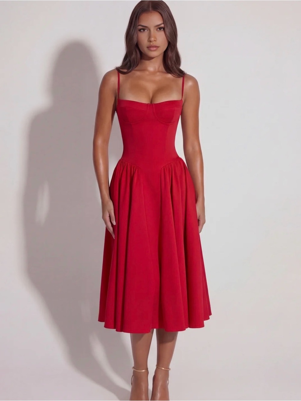 Classic Red Midi Dress with Bustier Bodice